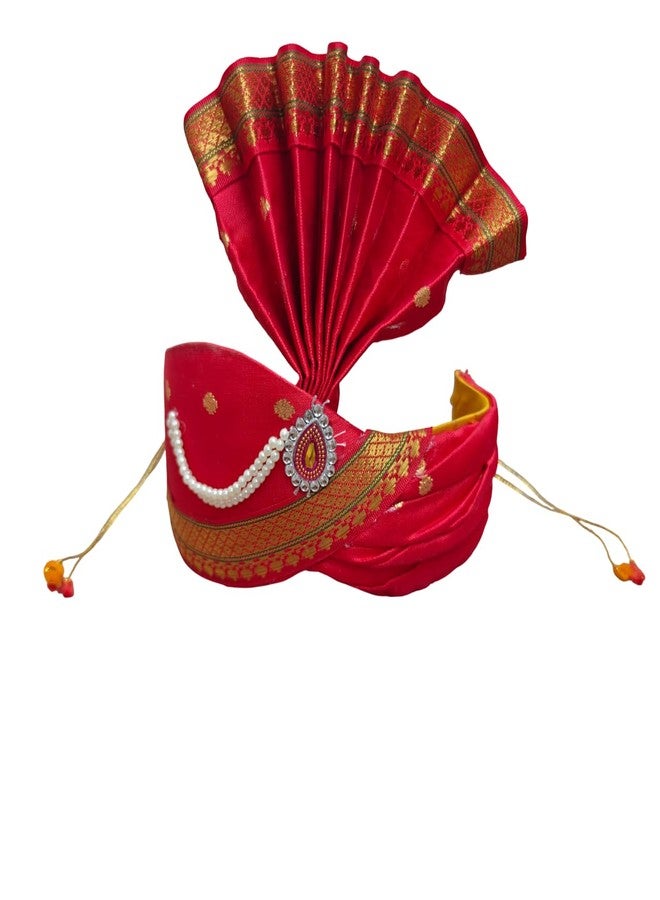 PUNYATVA Ganesh Feta Mukut (Turban, Butti, Red) / Adjustable Ganesh Pheta, Gauri Ganpati Festival Decoration Accessories, Ganpati Jewellery, Crown, Makhar, Traditional Pagdi, God Idol Headgear - Image 1
